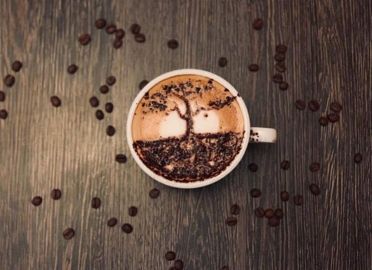 Cappuccino med latte art omgivet af kaffebønner på Café Moccador